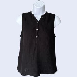 Lou & Grey Black Sleeveless Top Small Gauze Button Front Minimalist